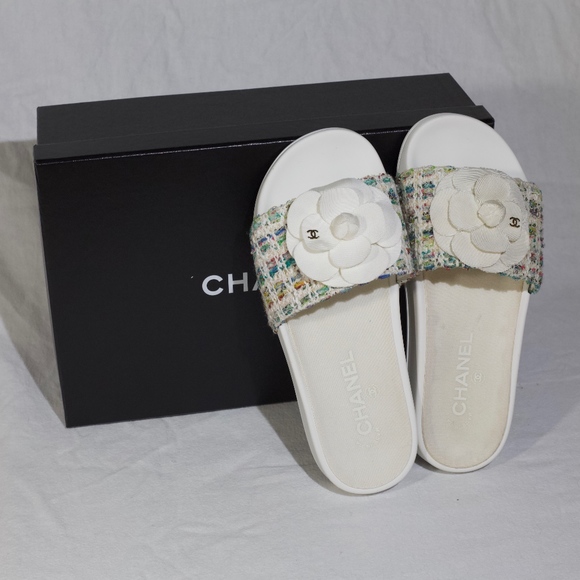 Chanel Grosgrain and Tweed Slide Sandals - Picture 1 of 7